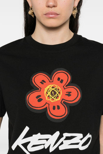 T-shirt Nero Donna Logo con Fiore - 4