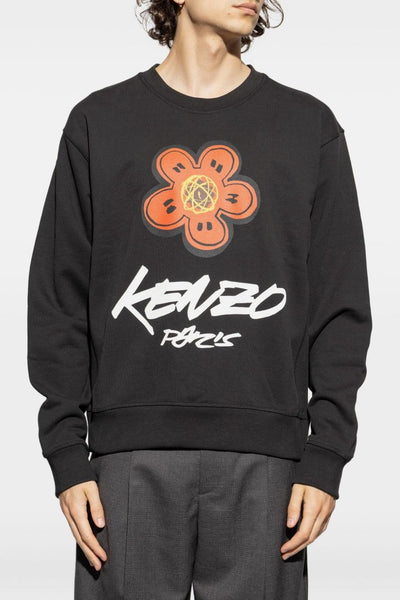 Felpa Nero Uomo Stampa Logo e Fiore Boke