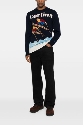 Saint Barth Maglia Blu Uomo Cortina con Sciatori - 5