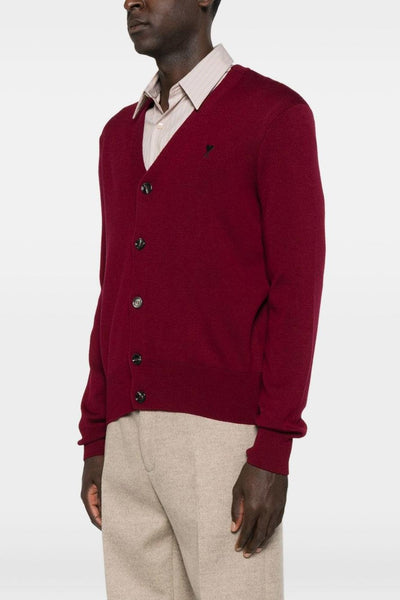 Ami Paris Cardigan Uomo Maglieria Rosso Micro Ricamo Cuore
