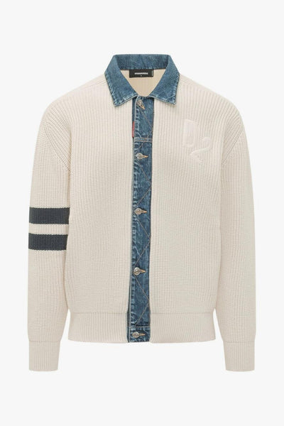 2 Cardigan Bianco Uomo Colletto Denim