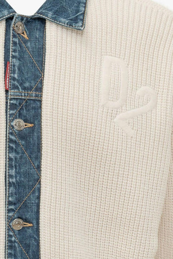 2 Cardigan Bianco Uomo Colletto Denim - 3