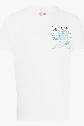 Saint Barth Uomo T-shirt Bianco Ricamo Gin Tonic Bicchiere - 5