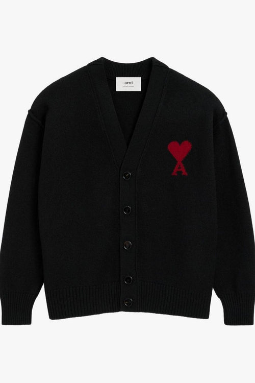 Ami Paris Cardigan Nero Uomo Ricamo Logo Cuore Rosso