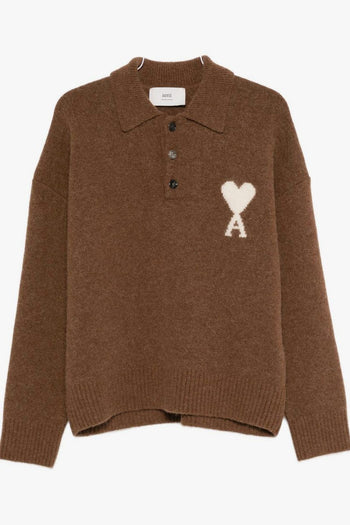 Ami Paris Polo Uomo Polo Marrone Logo Cuore Bianco - 5