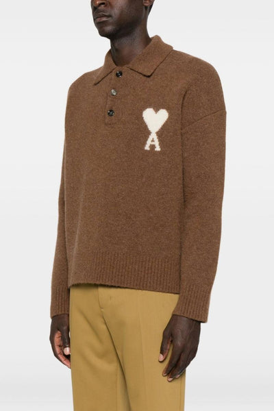 Ami Paris Polo Uomo Polo Marrone Logo Cuore Bianco