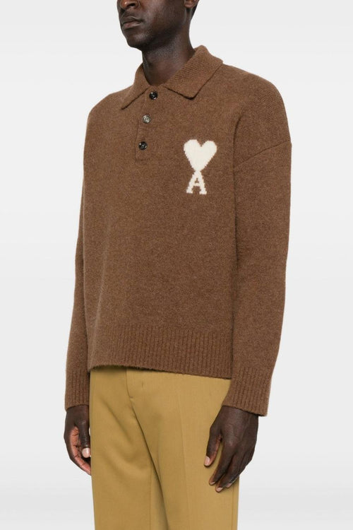 Ami Paris Polo Uomo Polo Marrone Logo Cuore Bianco