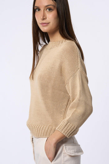 Maglia Girocollo Manica Beige Donna - 3