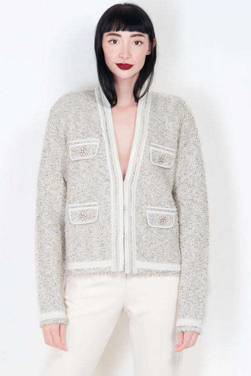 Cardigan in filato bouclè con strass