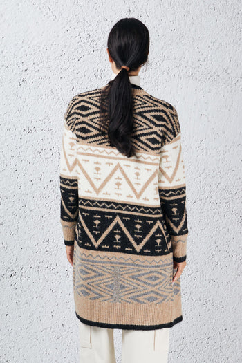 Cardigan Lungo Jacquard Marrone Donna - 4