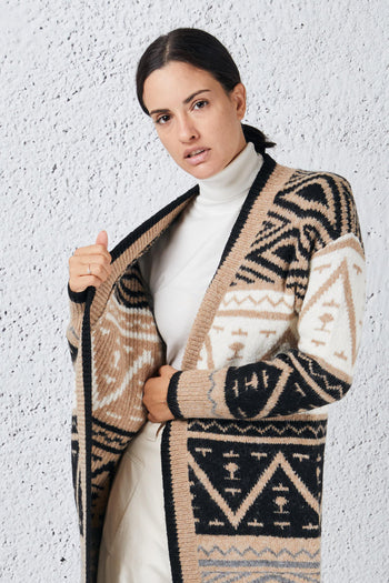 Cardigan Lungo Jacquard Marrone Donna - 2