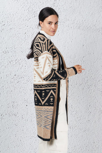 Cardigan Lungo Jacquard Marrone Donna - 5