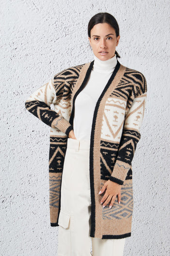 Cardigan Lungo Jacquard Marrone Donna - 3