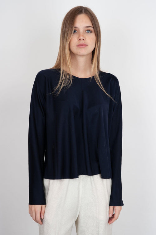 Camicia In Raso Seta Pesante Stretch Blu Scuro
