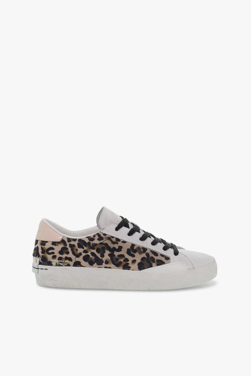 Sneakers LOW TOP DISTRESSED in pelle e stampato bianco e leopardato