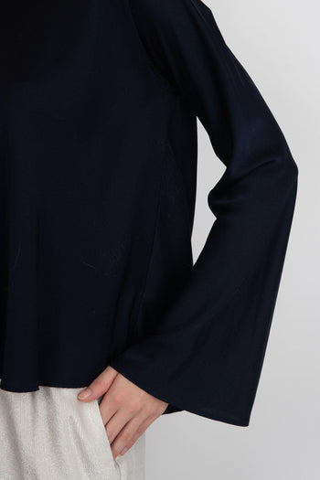 Camicia In Raso Seta Pesante Stretch Blu Scuro - 5