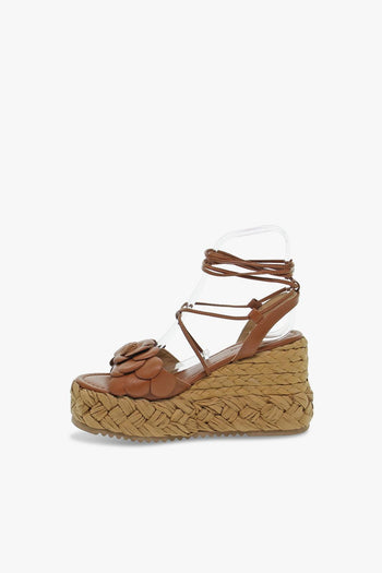 Zeppa SANDALO CON FIORE in pelle e raffia cuoio e beige - 3