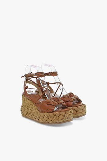 Zeppa SANDALO CON FIORE in pelle e raffia cuoio e beige - 5