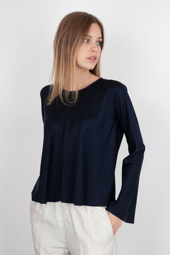 Camicia In Raso Seta Pesante Stretch Blu Scuro - 3