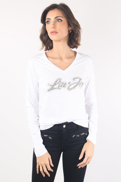 T-shirt Scavo V Scritta Strass Bco Liujo