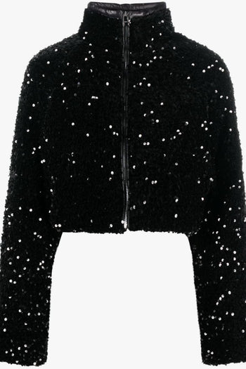 Giubbotto Nero Donna con paillettes a collo alto crop - 5