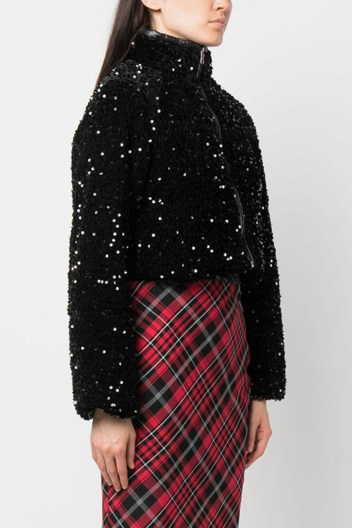 Giubbotto Nero Donna con paillettes a collo alto crop