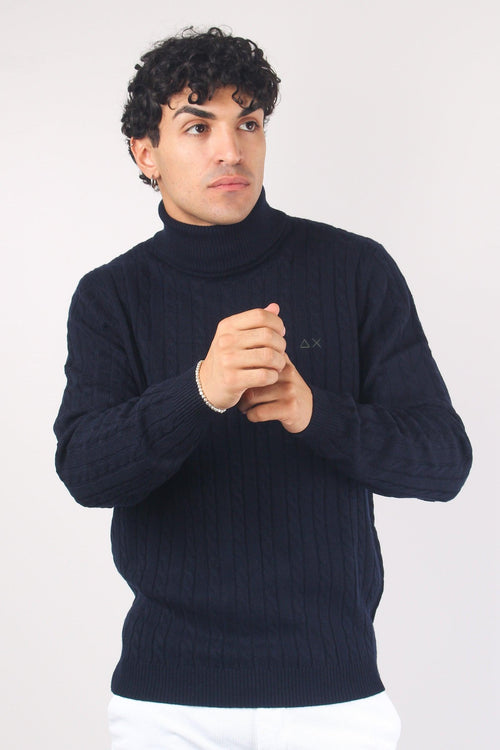 Maglia Treccia Collo Alto Navy Blue